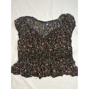 Old Navy Women's Top XXL – Black Floral Smocked Peasant‎ Blouse Short Sleeve